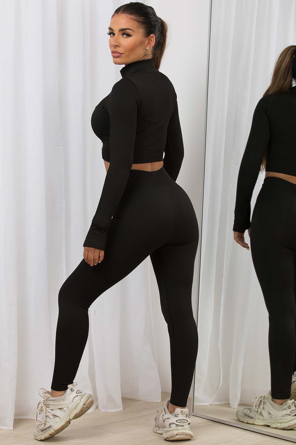 half zip ribbed lounge set black