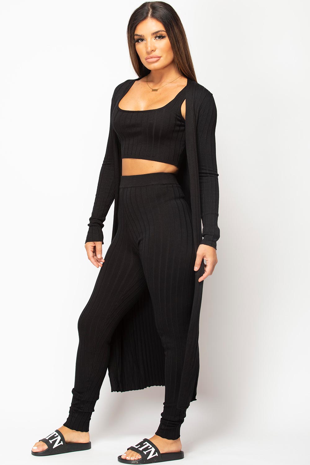 knitted cardigan crop top and trousers set womens