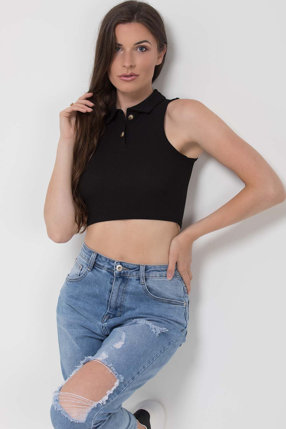 rib collar crop top black
