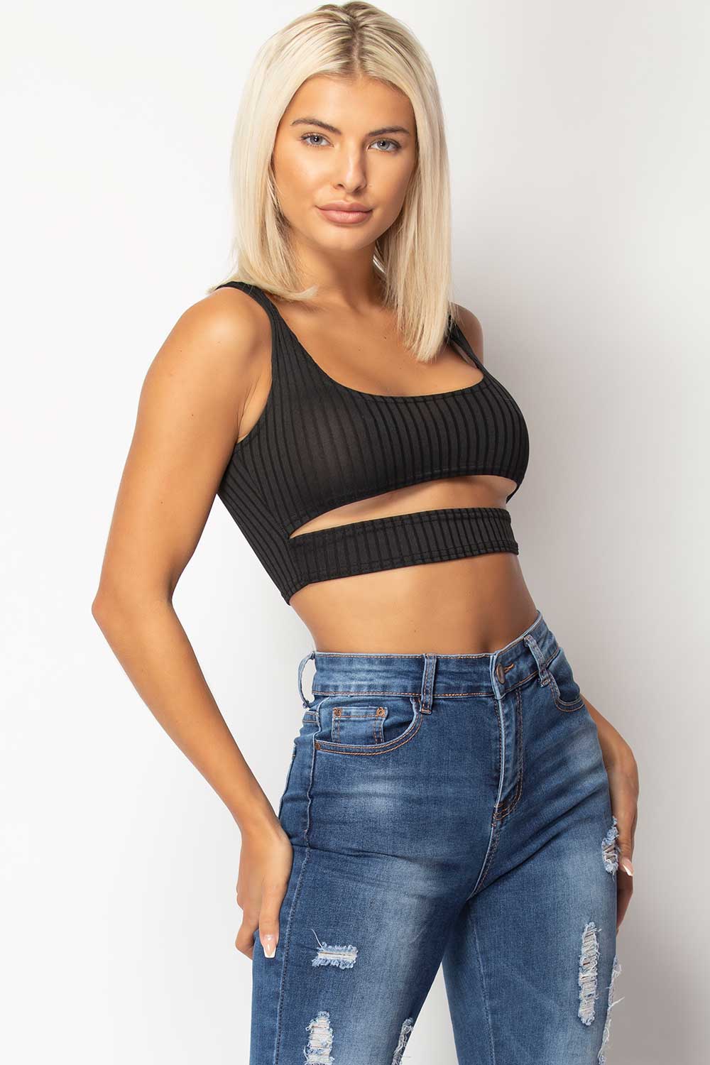 rib front cut crop top black