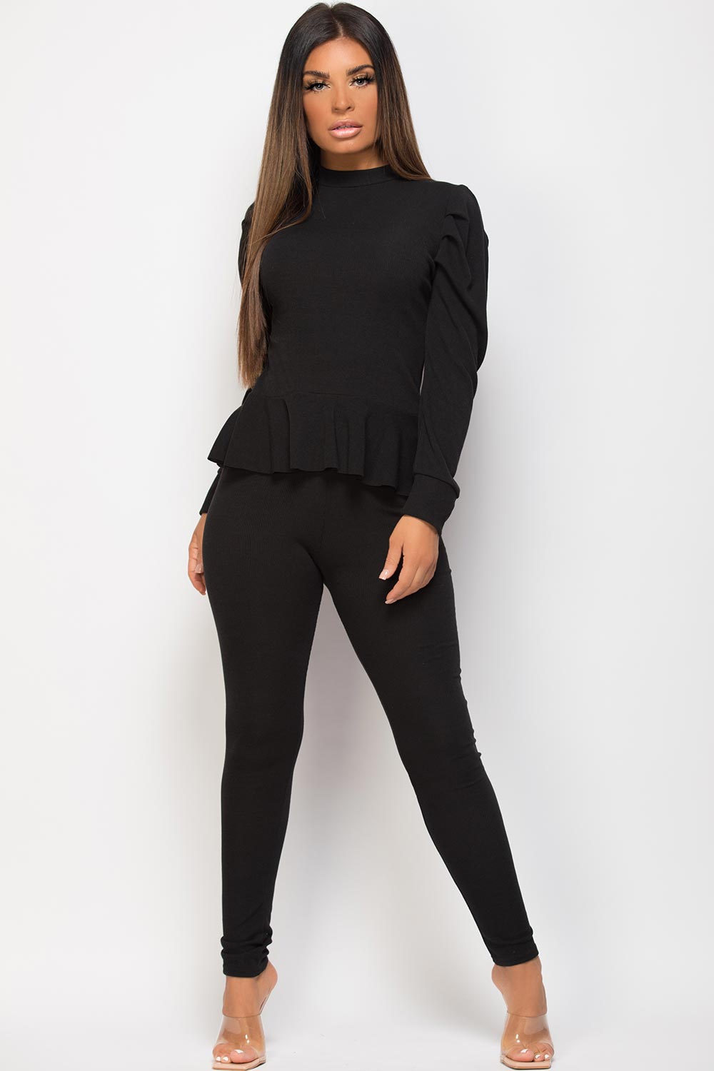 peplum long sleeve top ribbed leggings set