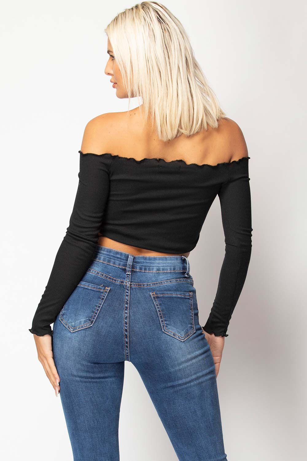 black long sleeve off shoulder crop top