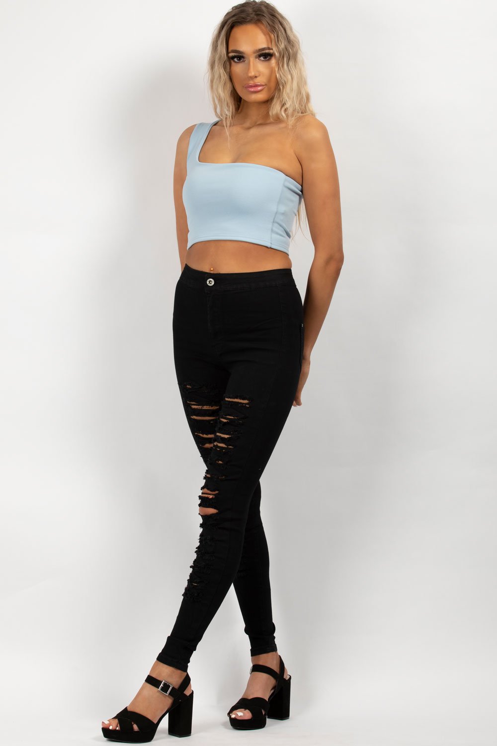 sky blue one shoulder festival crop top