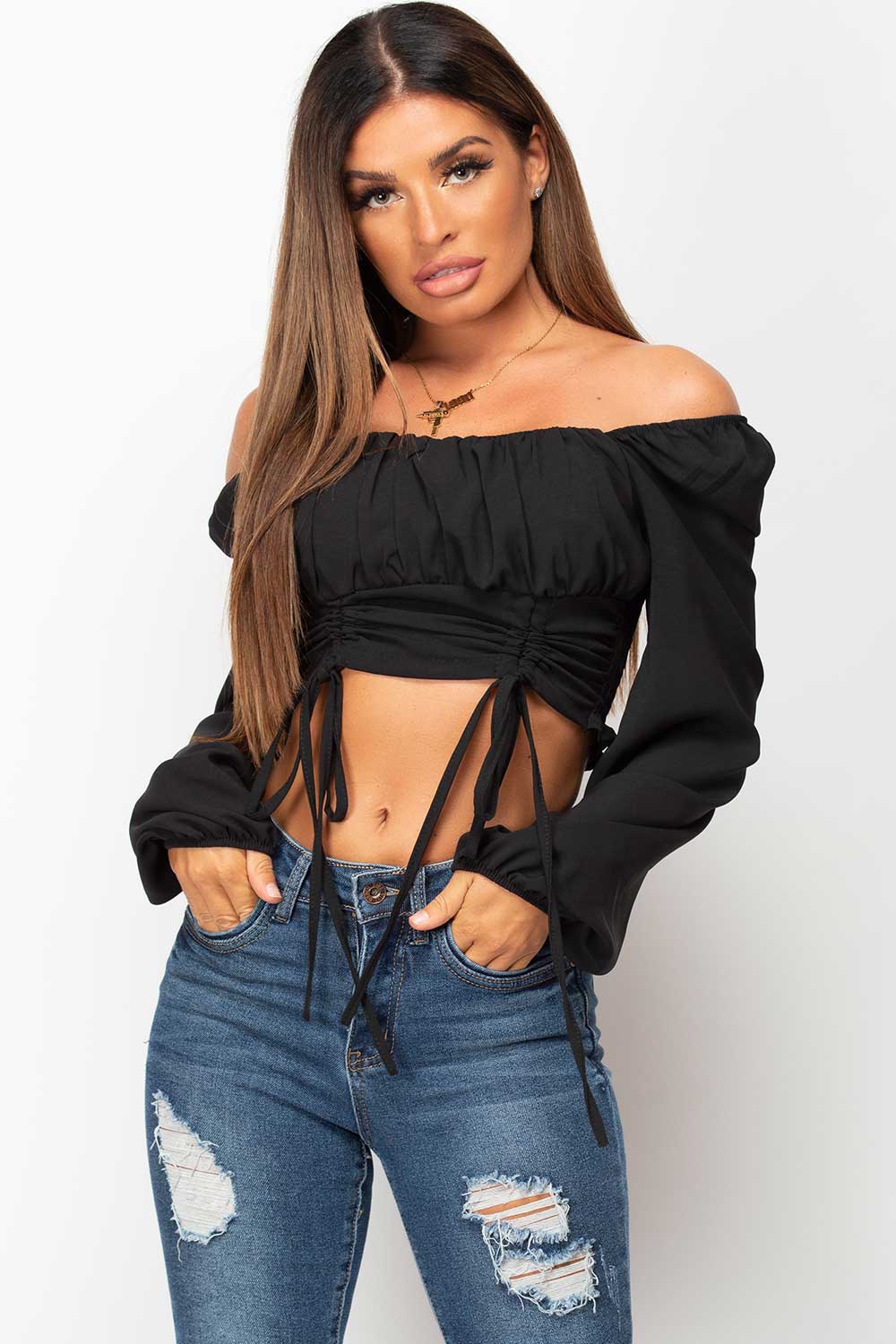 black ruched tie front top