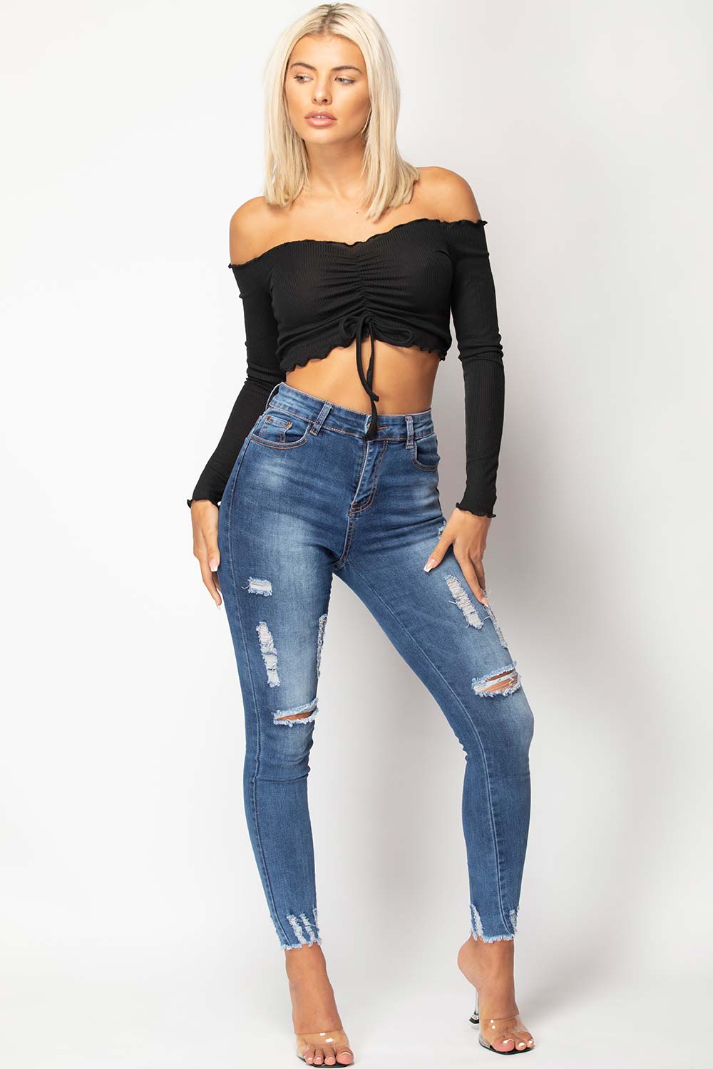 black ruched detail long sleeve crop top
