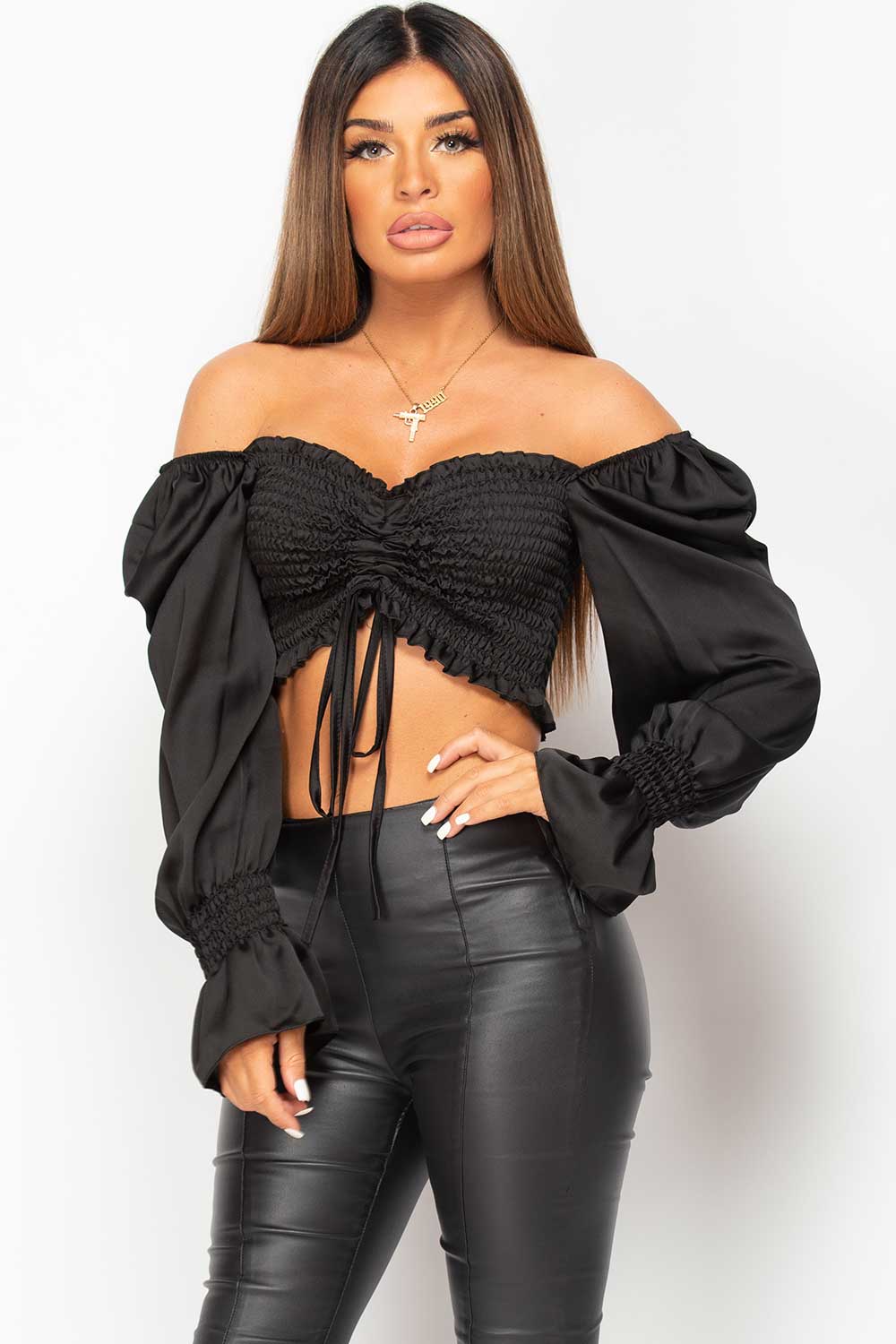 satin black ruched front crop top