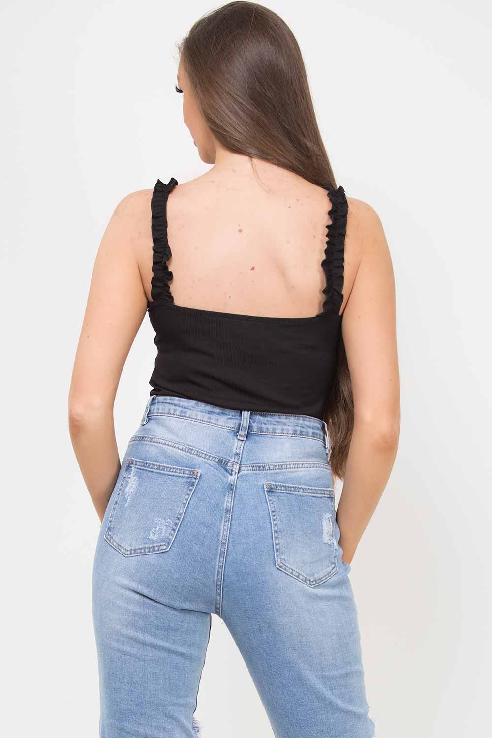black frill strap ribbed bodysuit