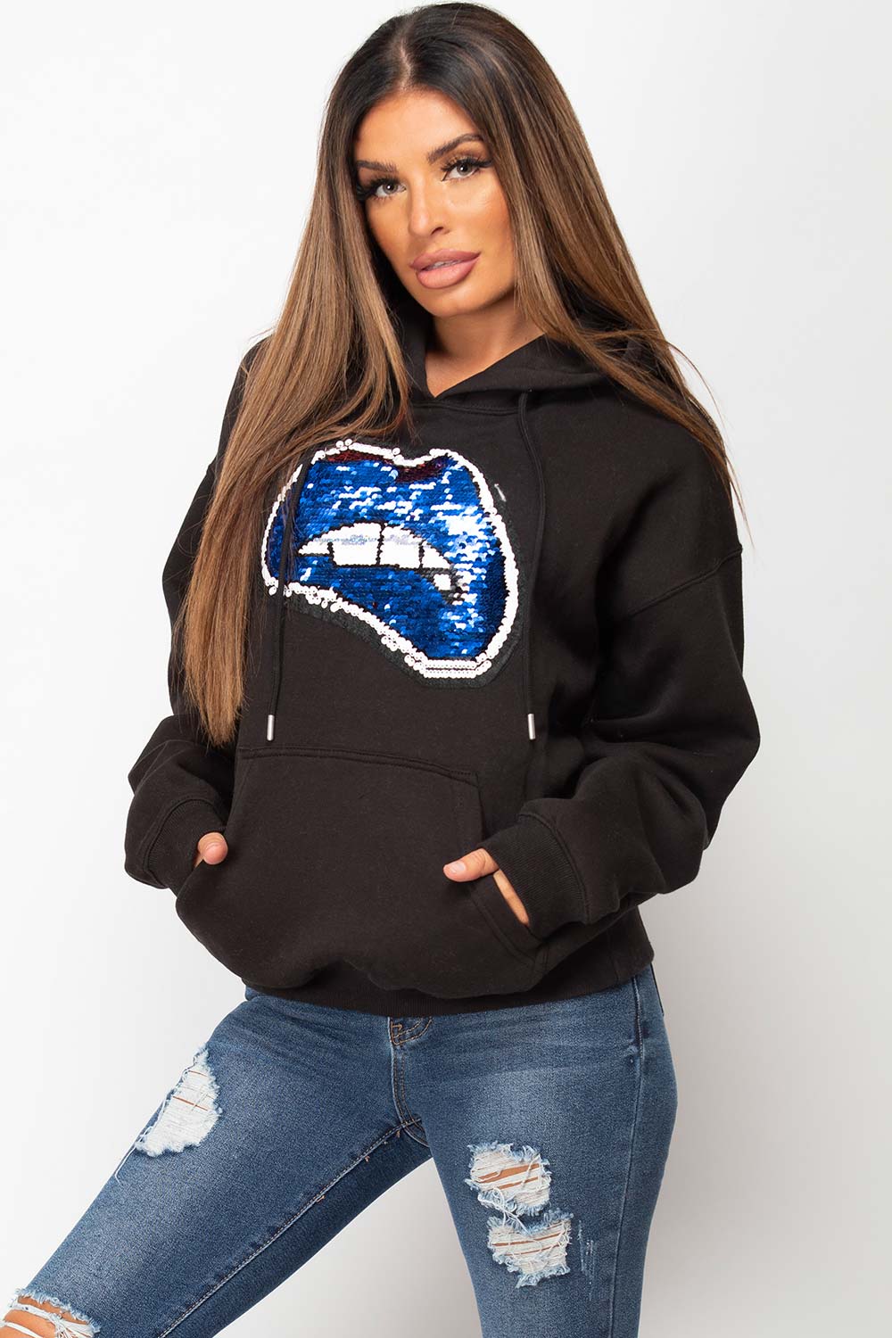 sequin lips black oversized hoodie