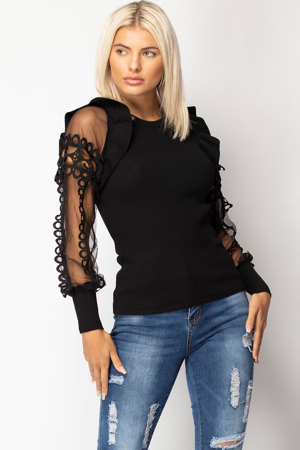 black sheer lace sleeve jumper