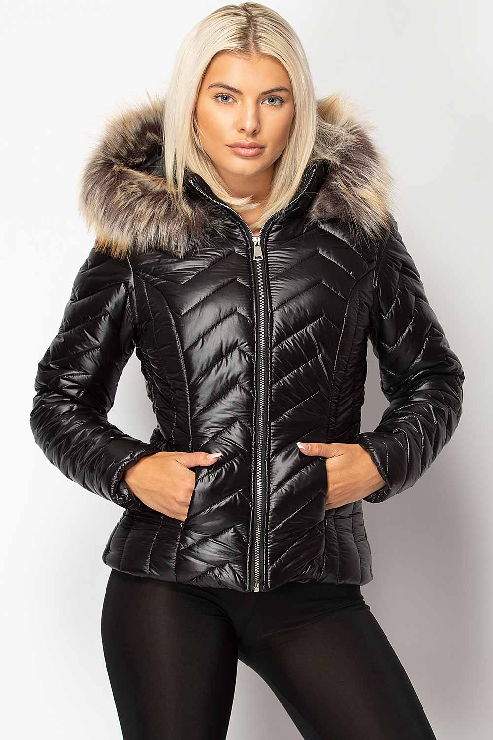 black shiny puffer coat womens