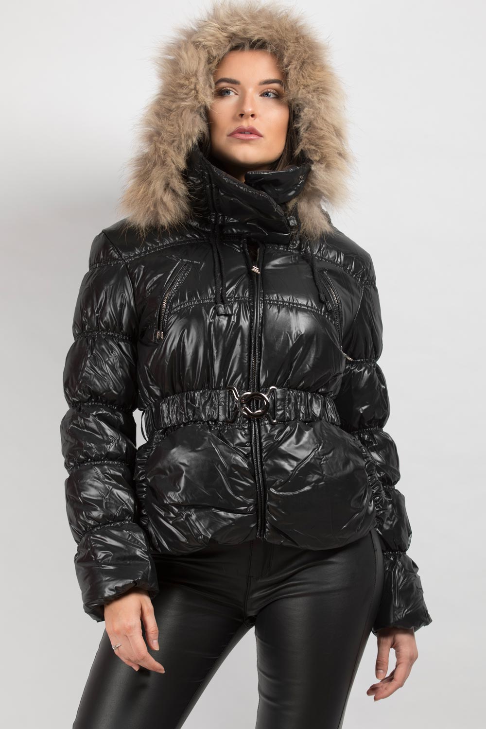 shiny puffer coat with real fur hood