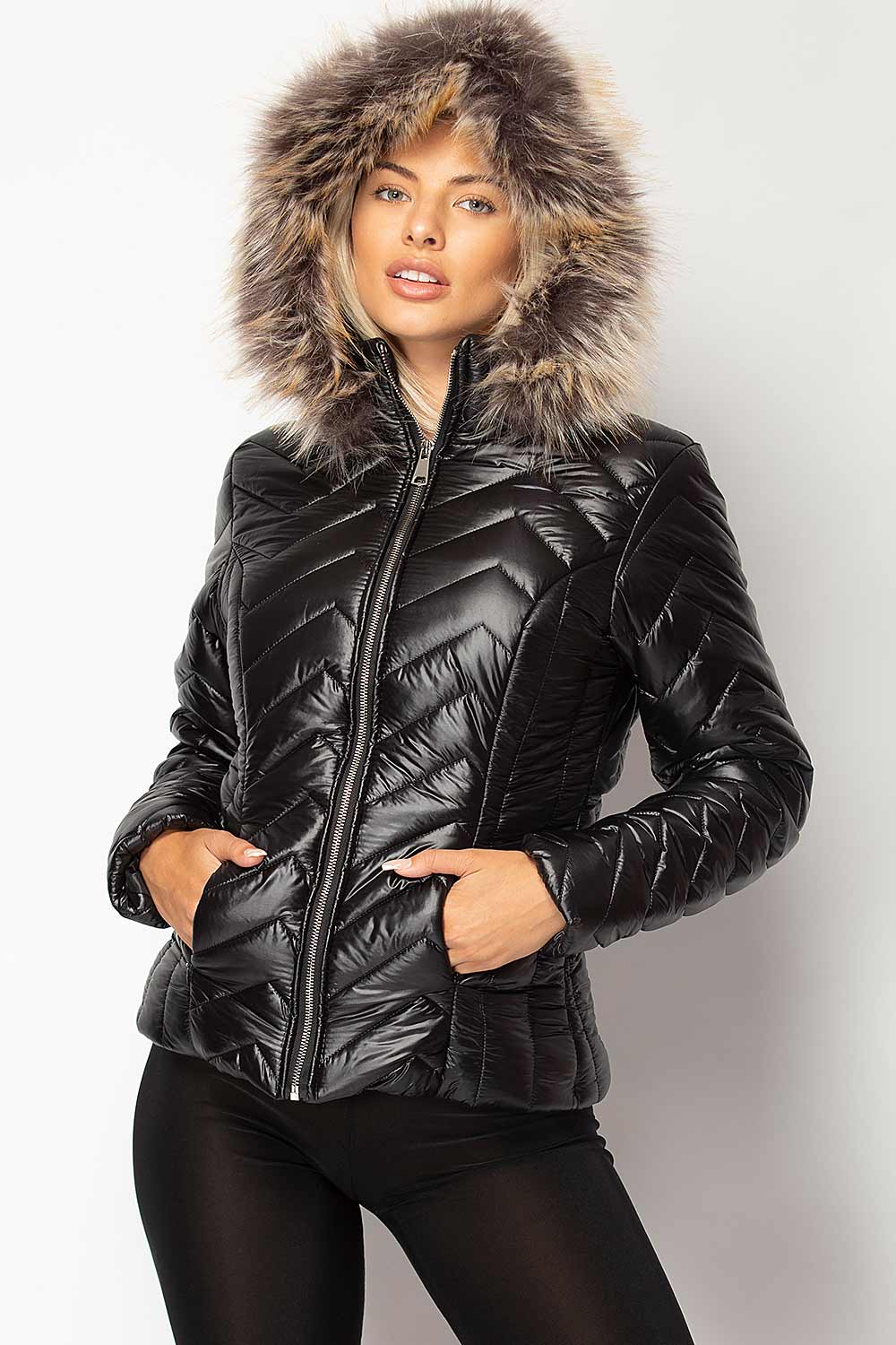 black shiny puffer jacket womens