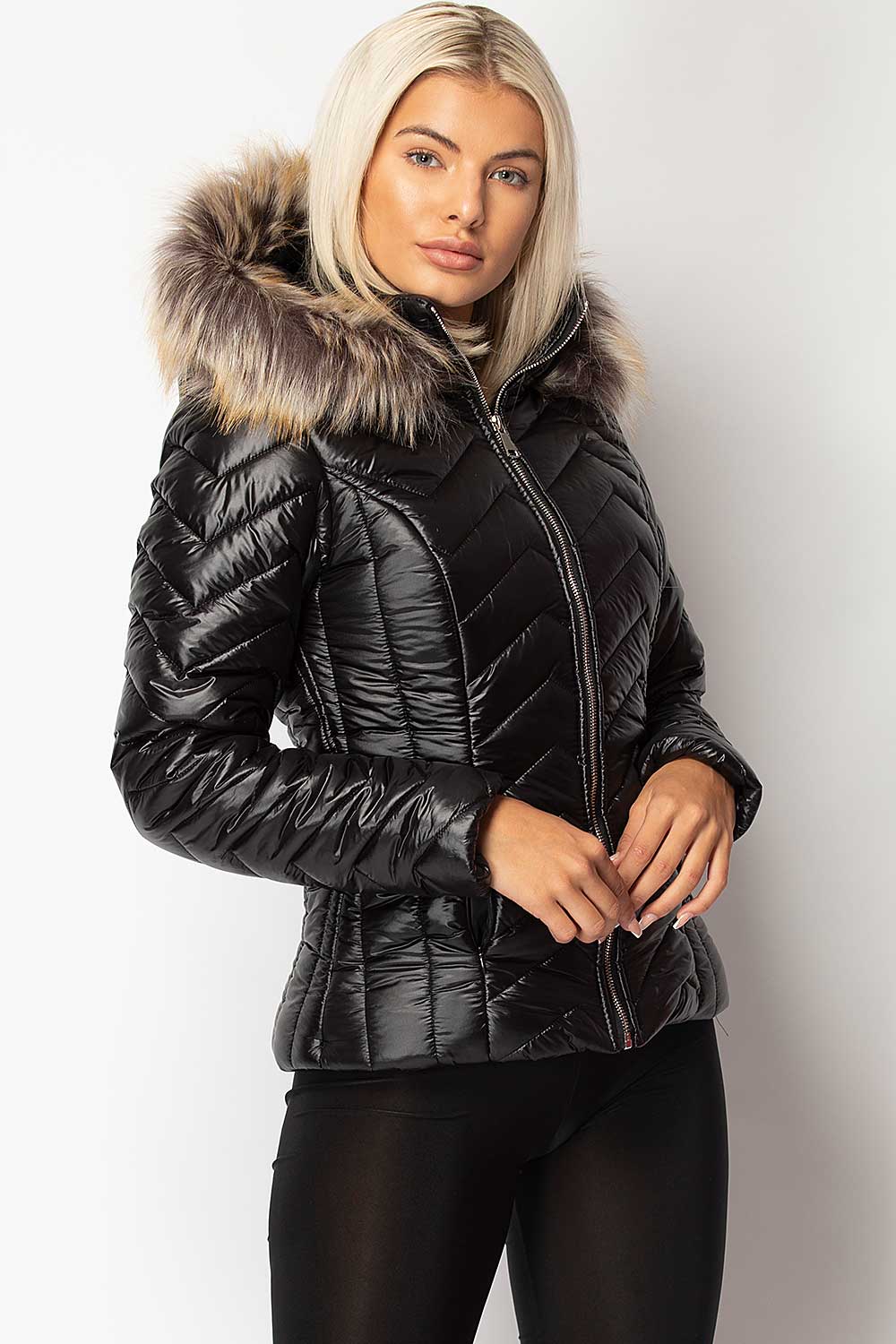 black shiny puffer jacket womens uk