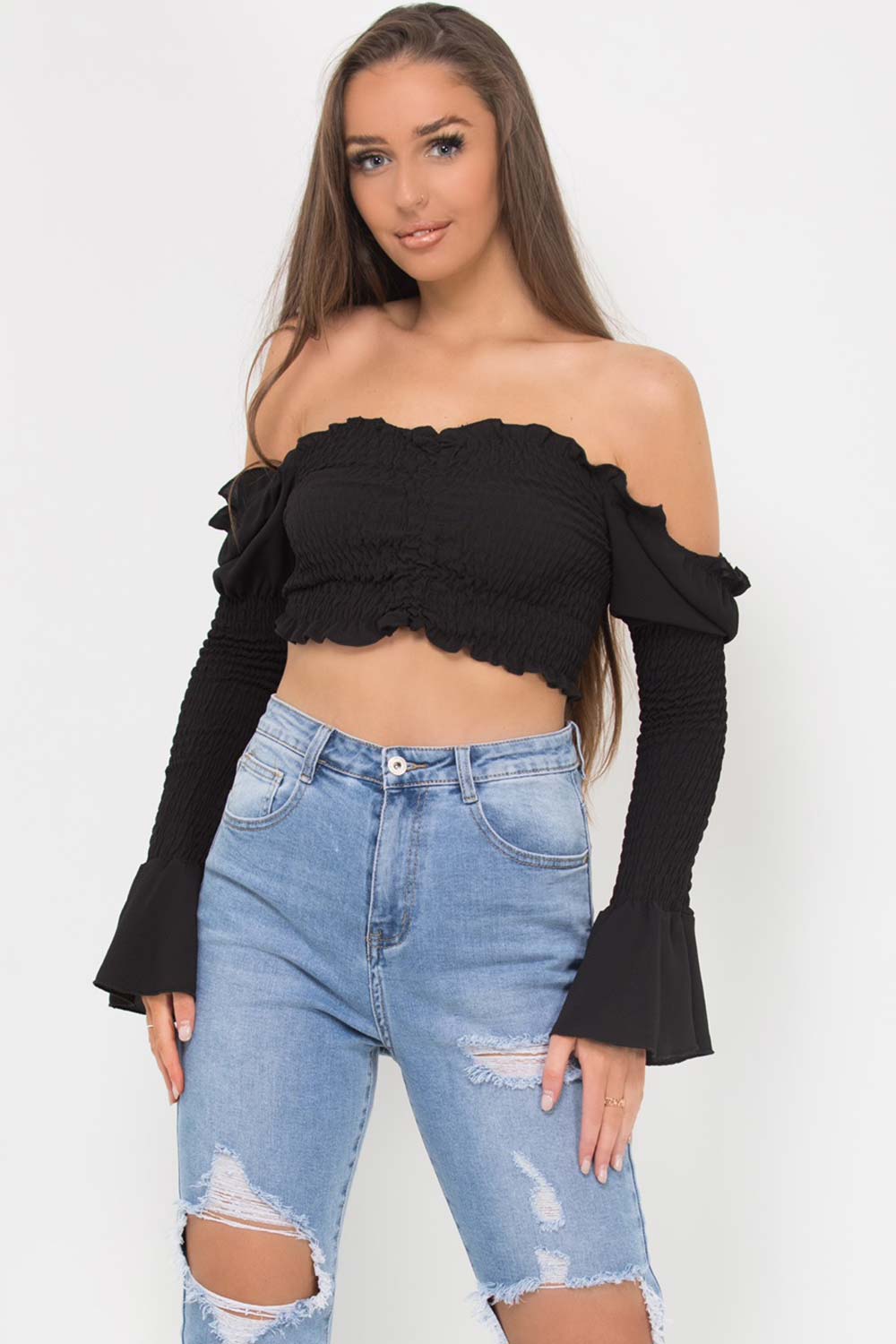 black shirred ruched front flare sleeve crop top