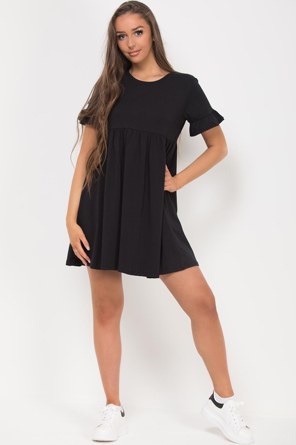 flute sleeve casual skater dress black