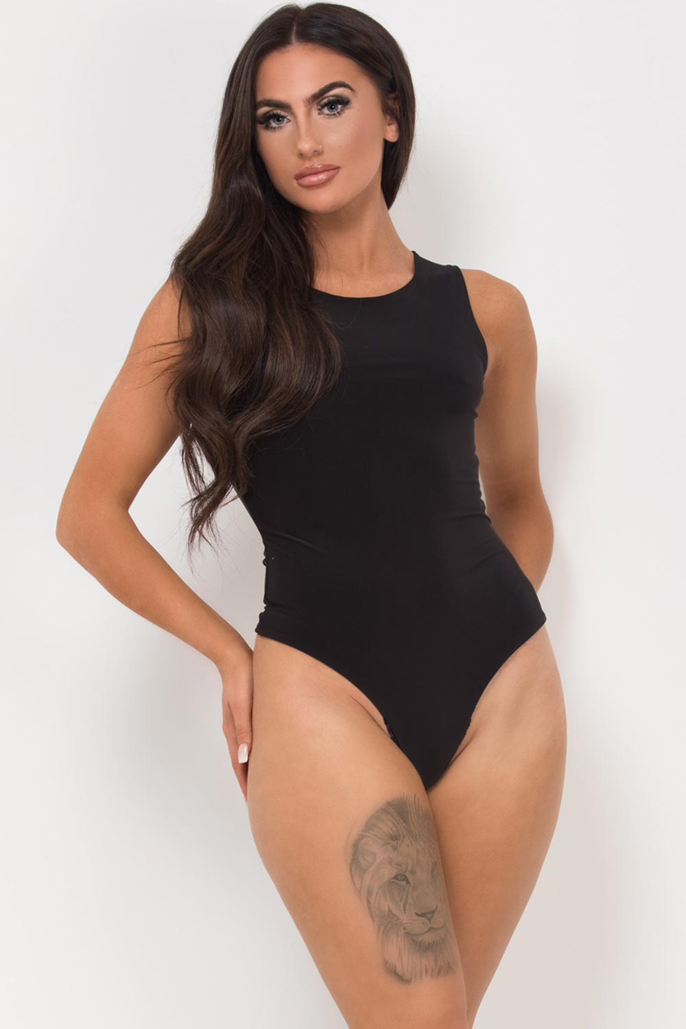 black slinky sleeveless bodysuit top