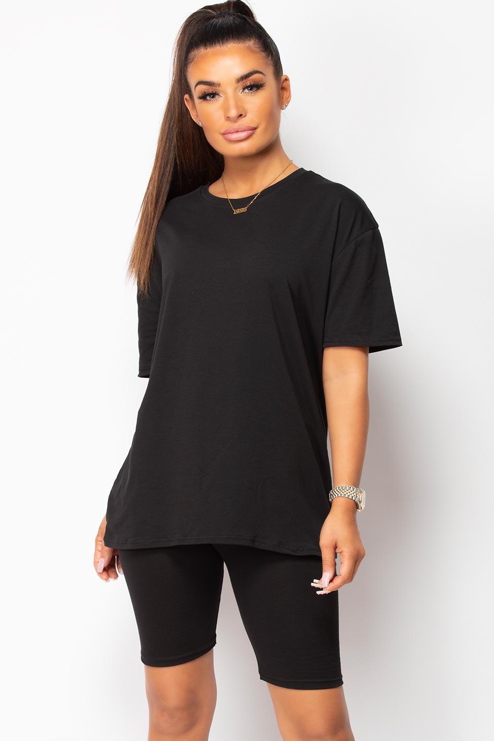 black oversized loungewear set tee shirt and cycling shorts loungewear set