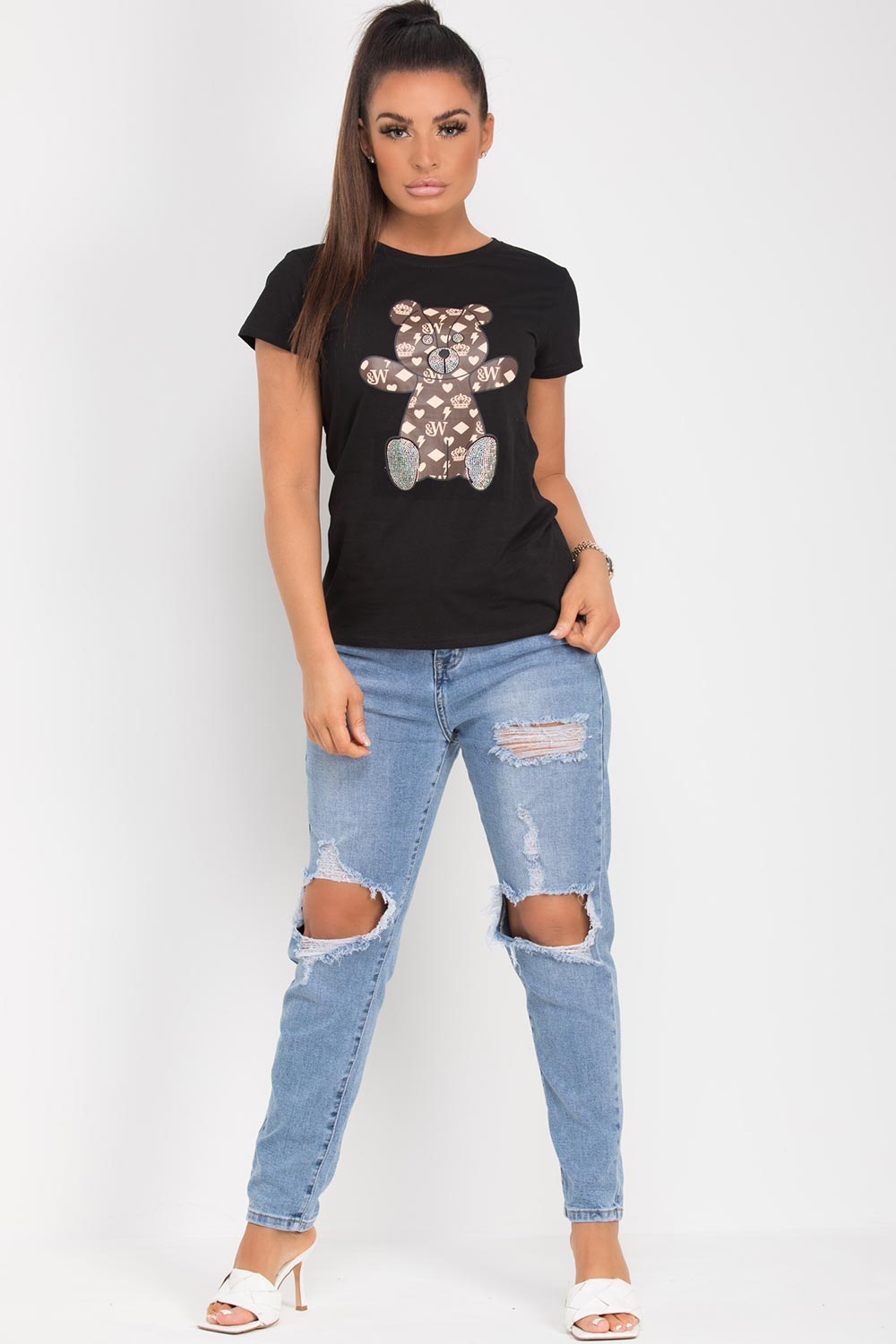 diamante teddy bear embellishment t shirt black