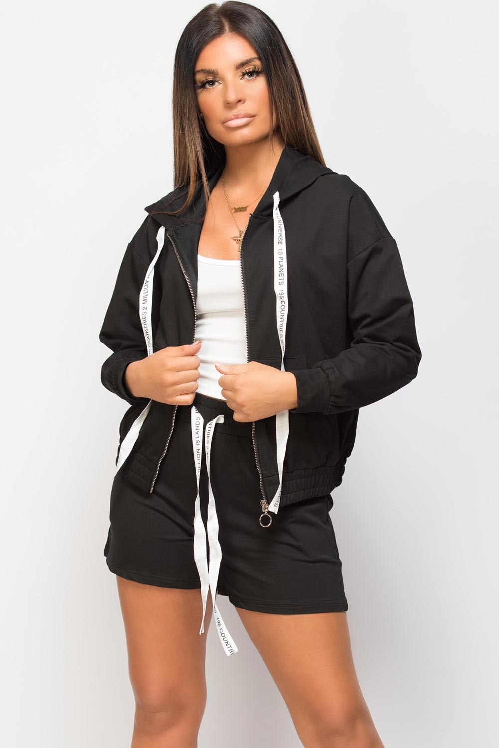 shorts top and hoodie set black