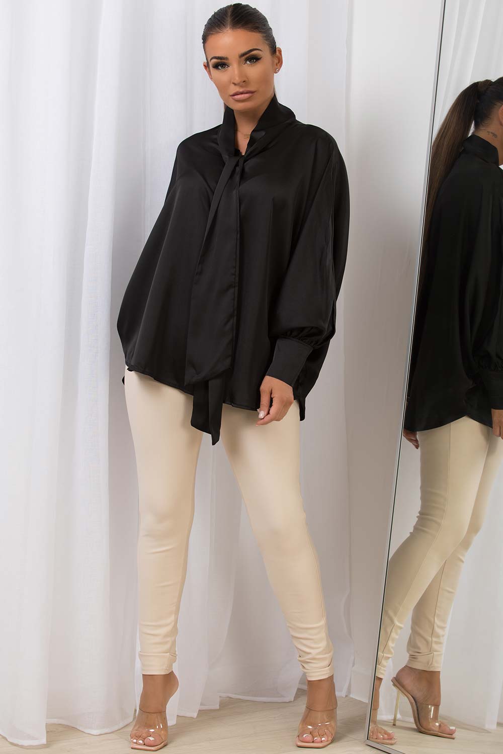 long sleeve pussy bow blouse black