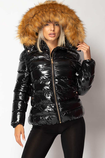 Black Shiny Puffer Jacket With Chunky Fur Hood On Sale – Styledup