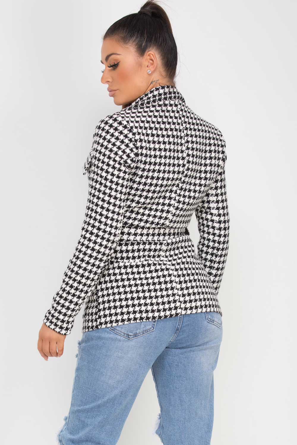 womens hounds tooth belted tweed blazer