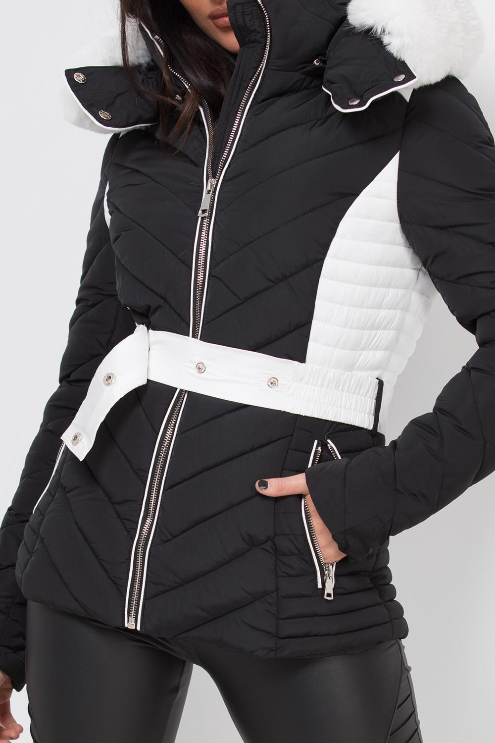black puffer jacket with fur hood