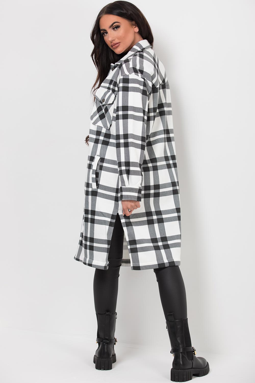 womens long check shacket jacket