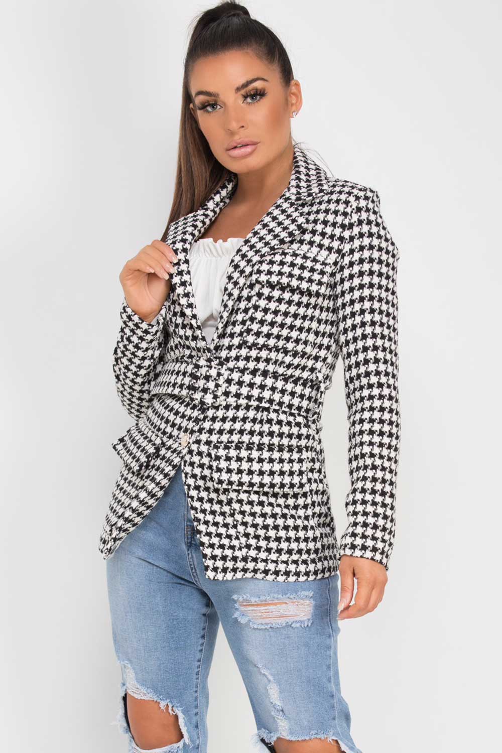 black white hounds tooth tweed blazer with belt