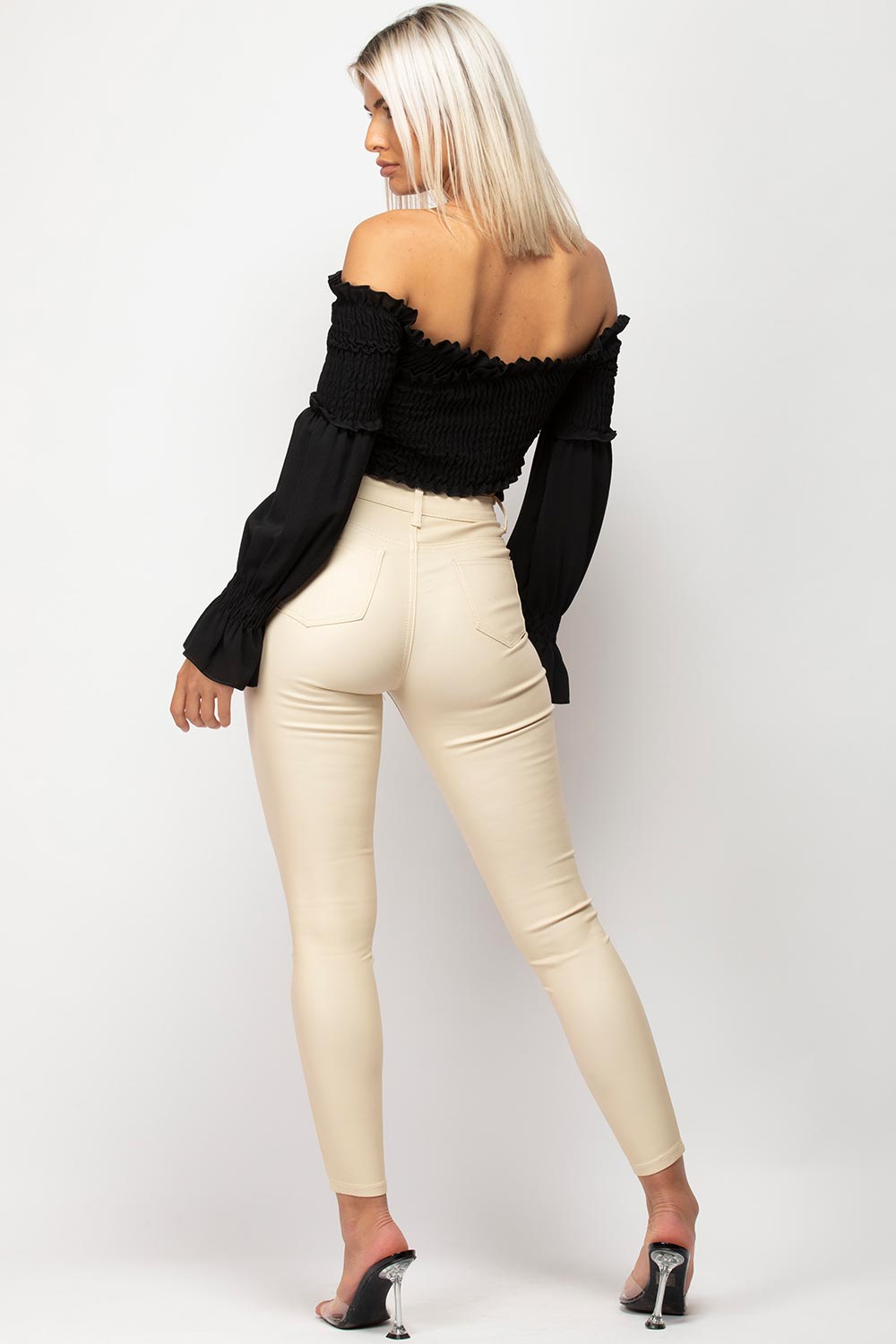 beige leather look jeans womens