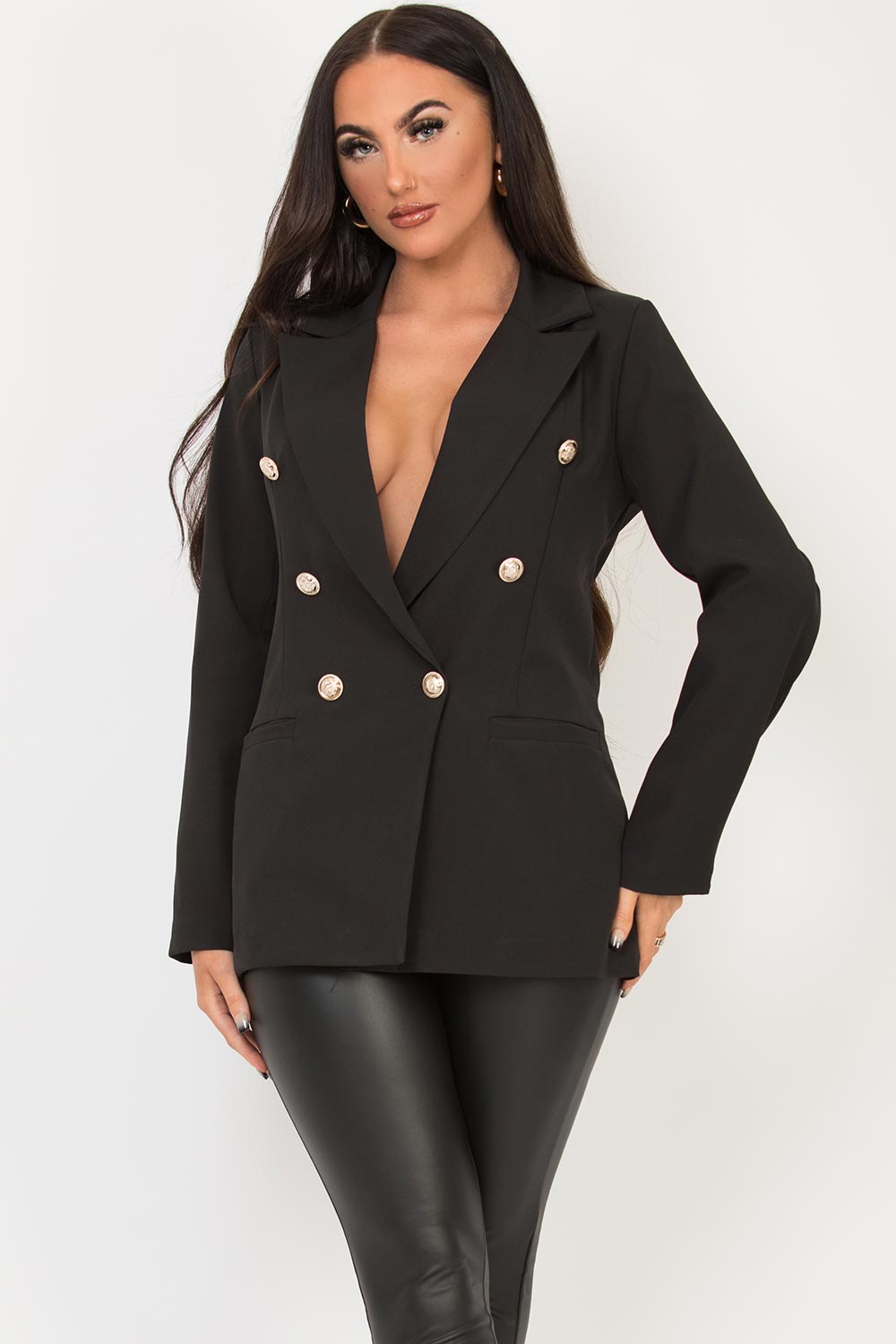black blazer jacket with gold buttons