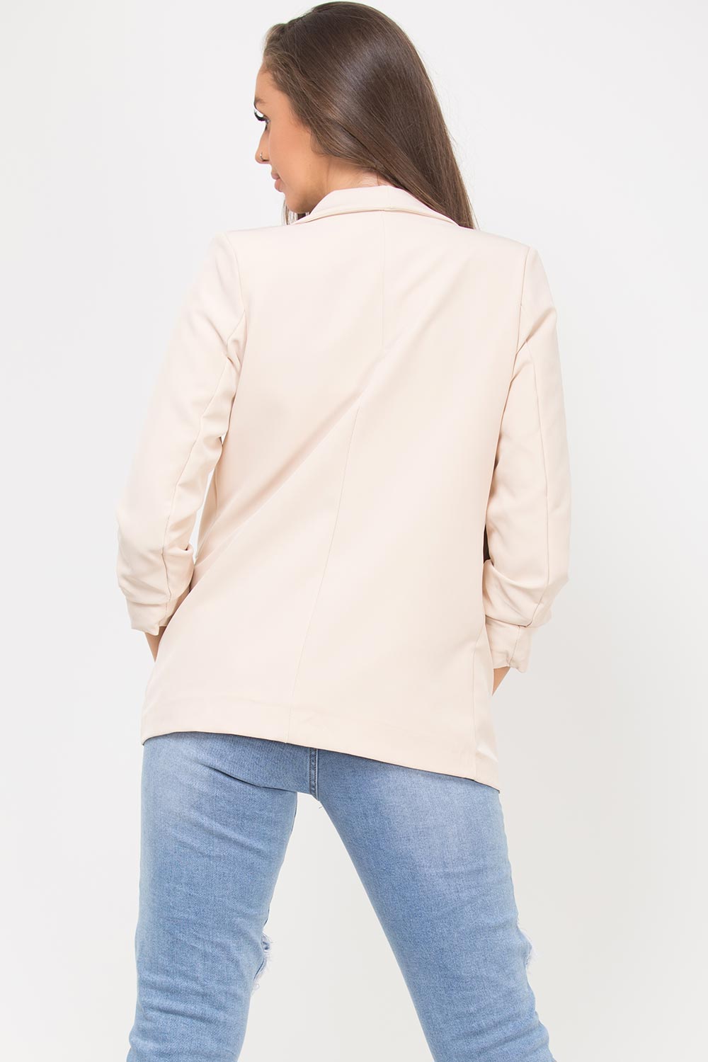 gathered ruched sleeve lapel longline blazer beige