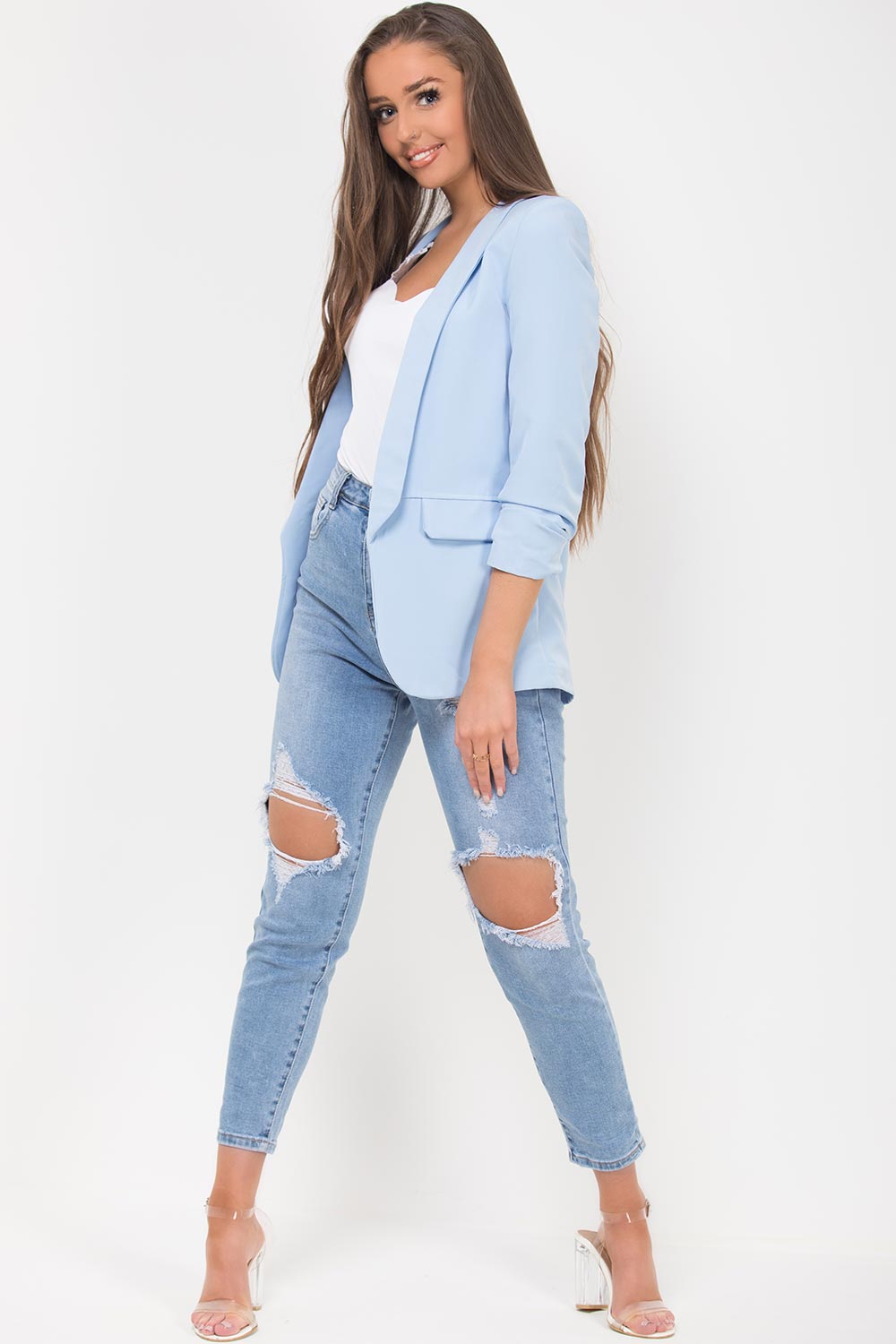 gathered sleeve blazer sky blue