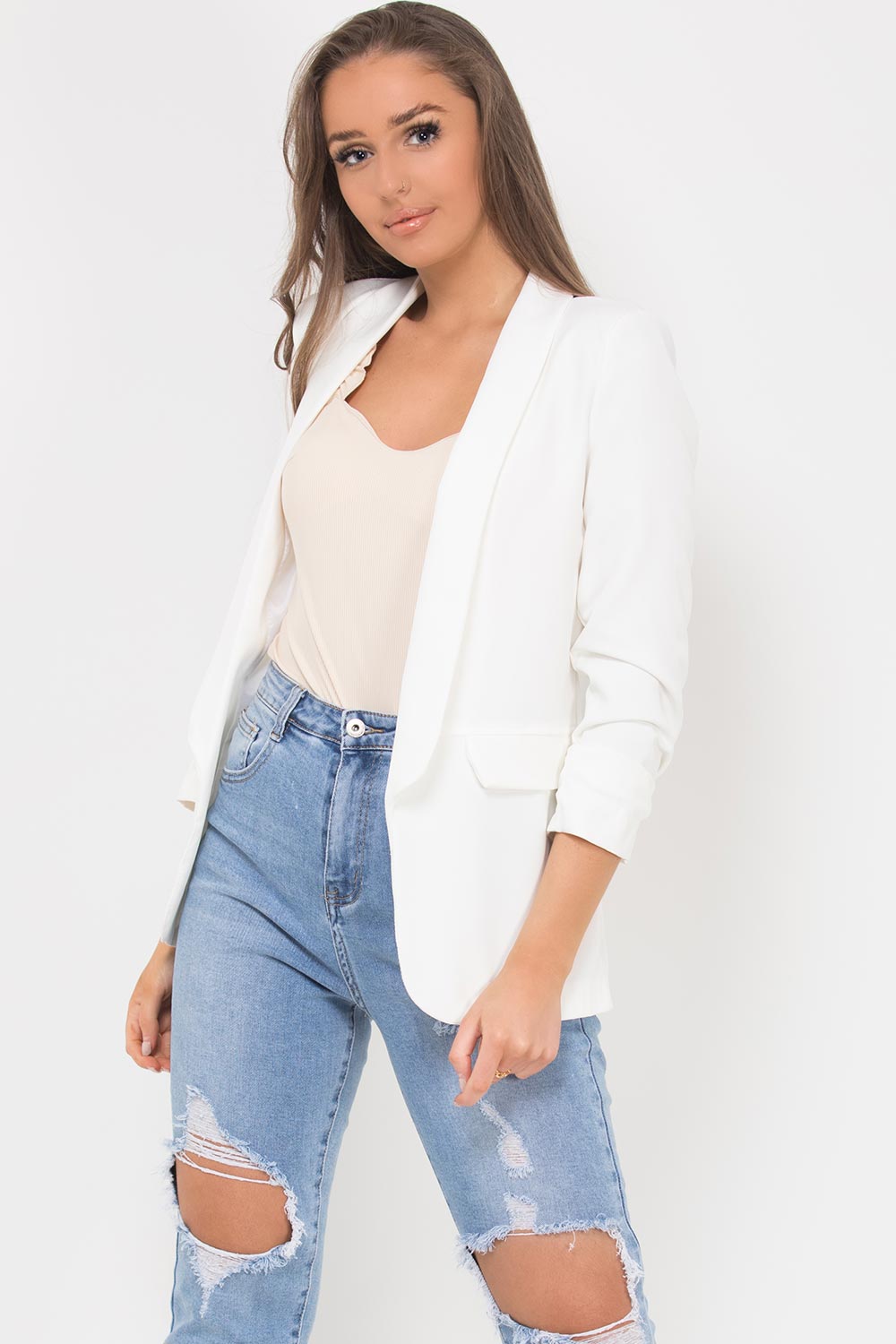 ruched sleeve blazer cream petite