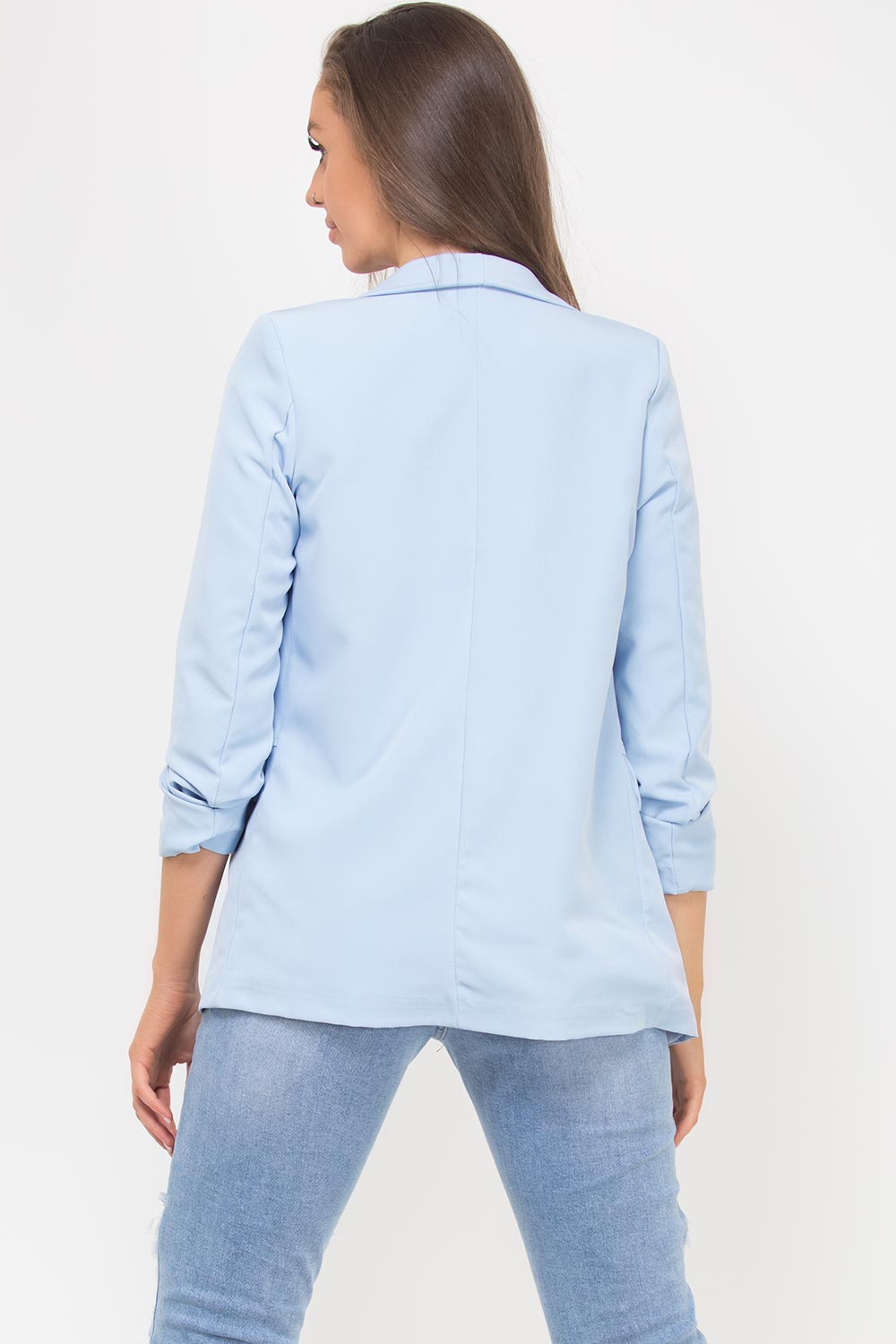 blue lapel longline collar ruched sleeve blazer jacket