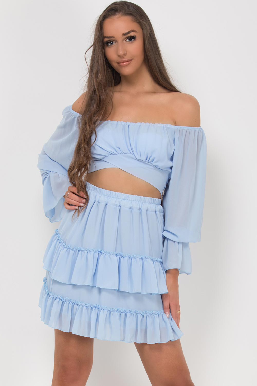 chiffon crop top and skirt set sky blue