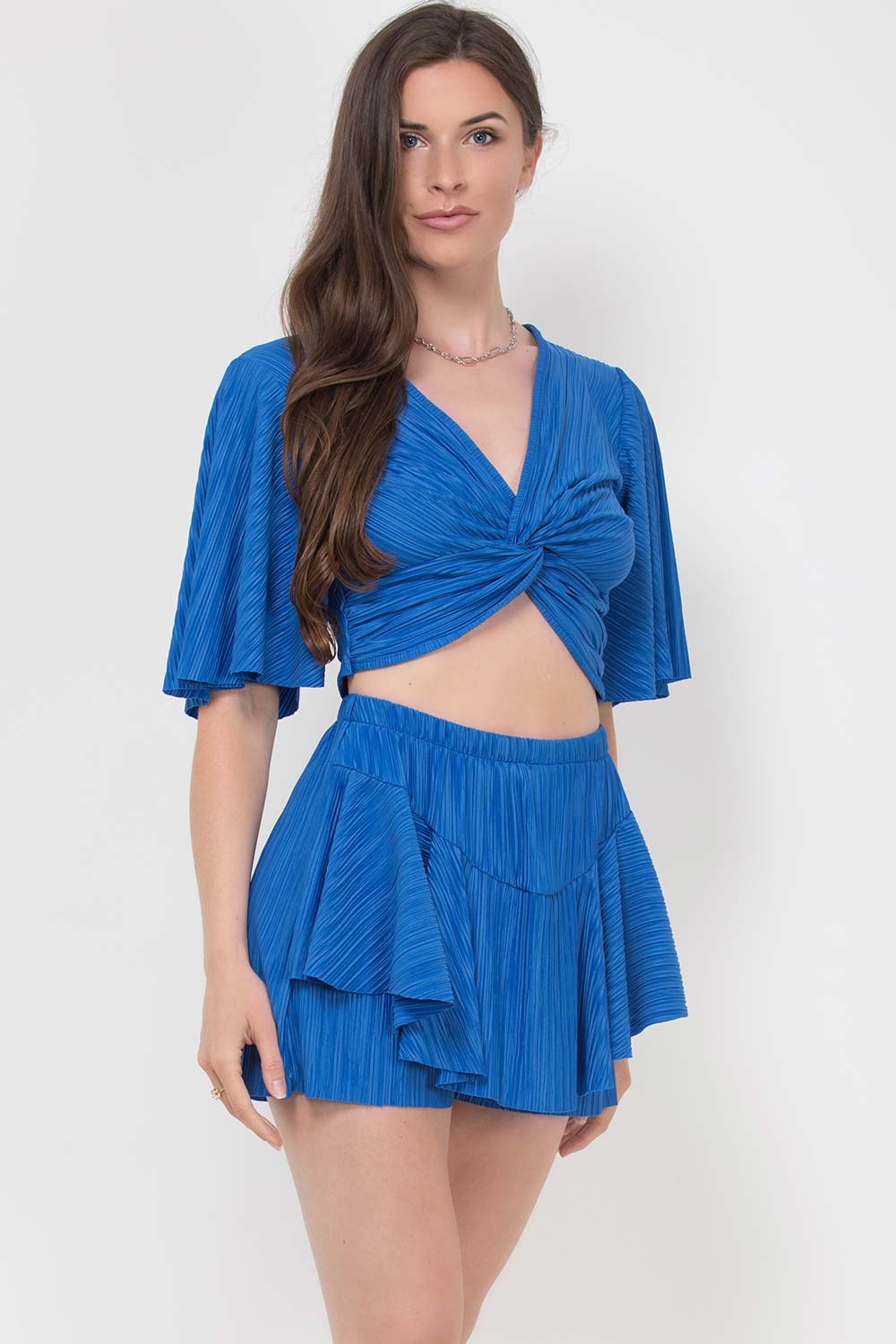 crinkle skort shorts and top two piece set blue uk