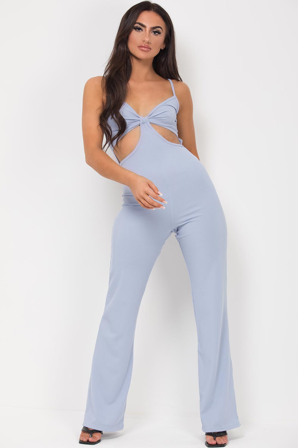 wide leg cut out front rib strappy jumpsuit