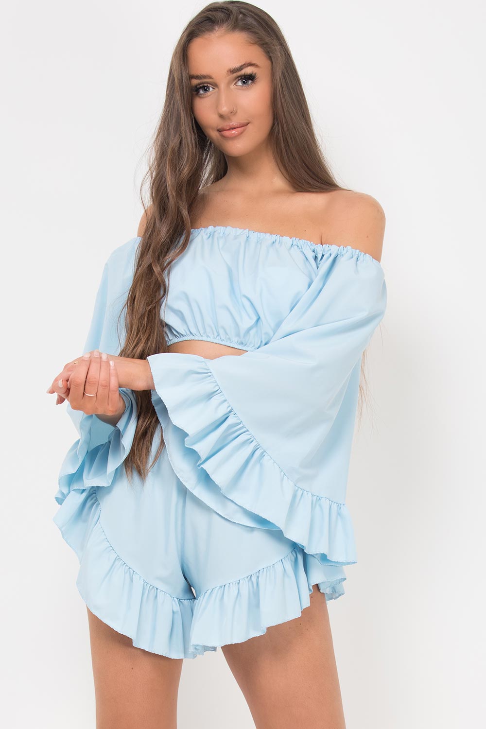 bell sleeve crop top frill hem shorts two piece set