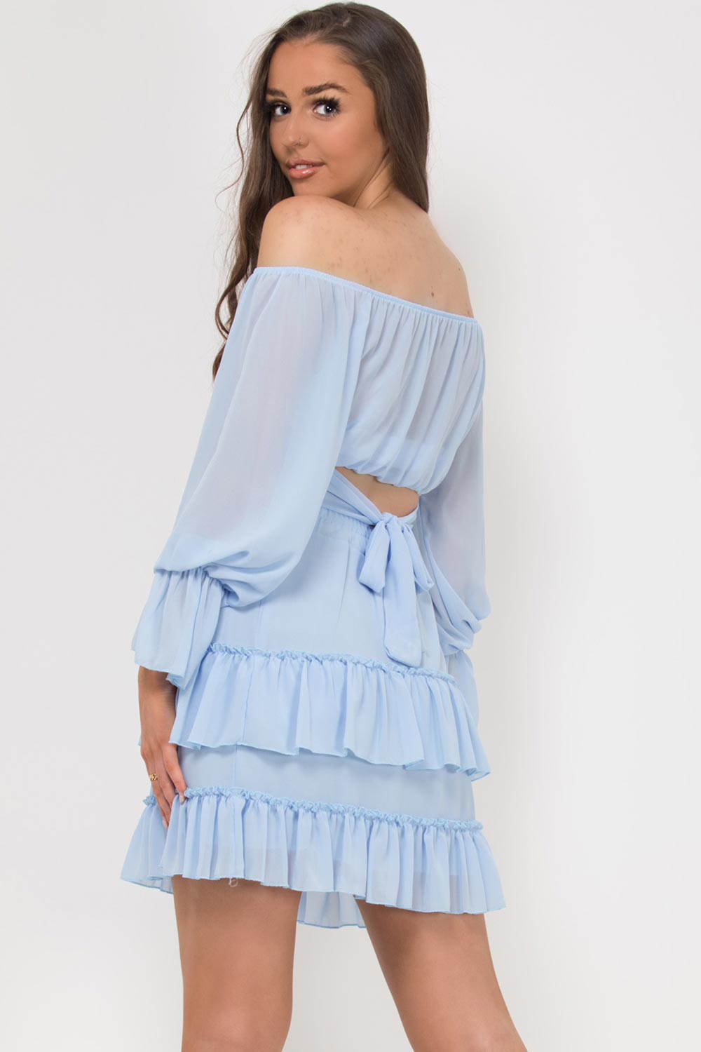 blue off shoulder crop top skirt co ord set