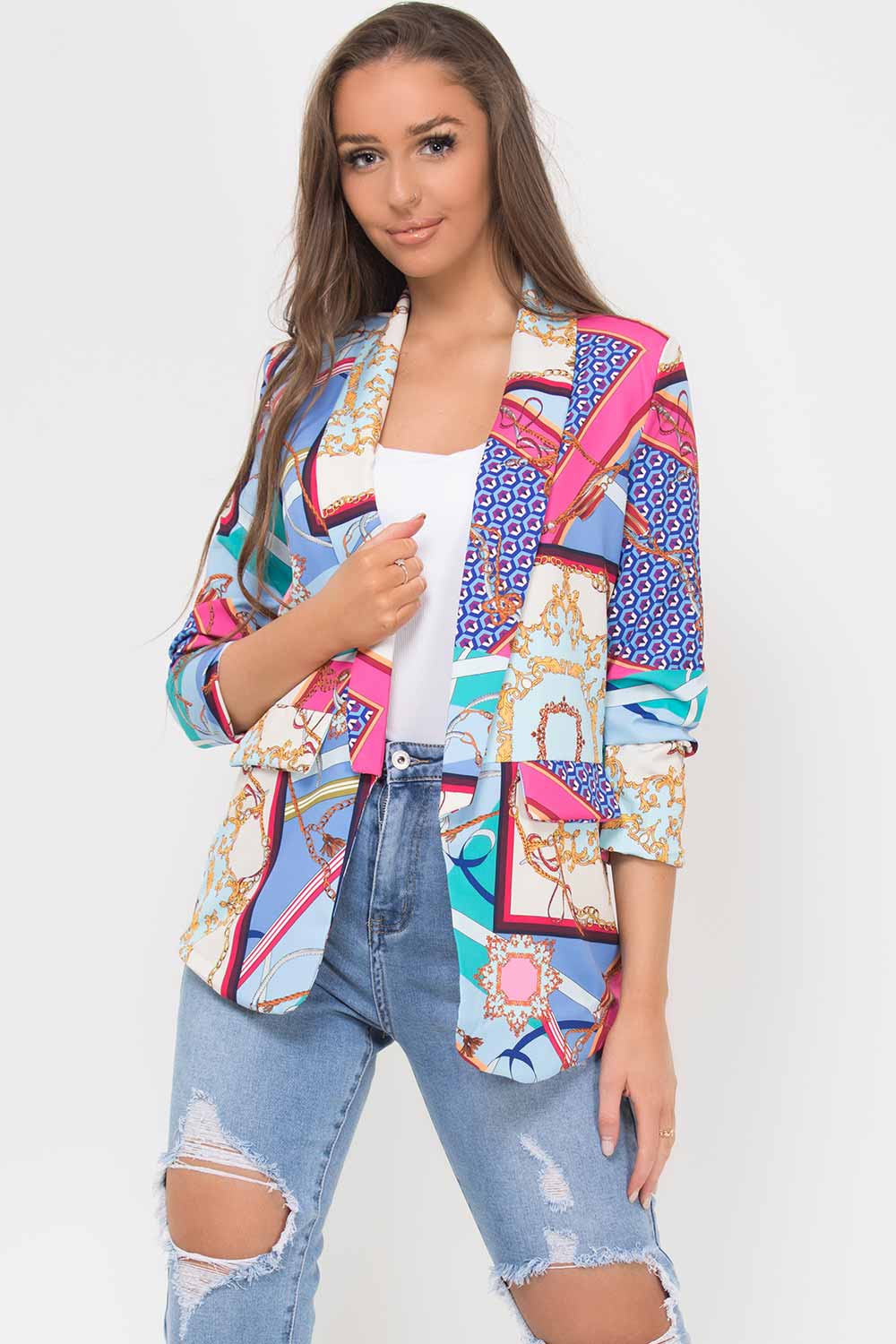 scarf print blazer with ruched sleeves