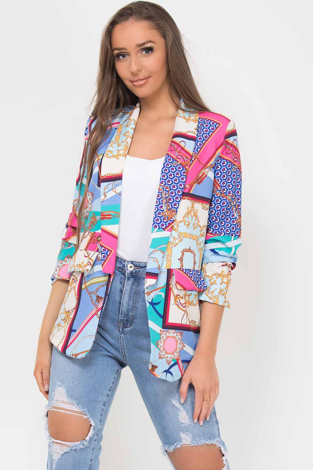ruched sleeve scarf print blazer
