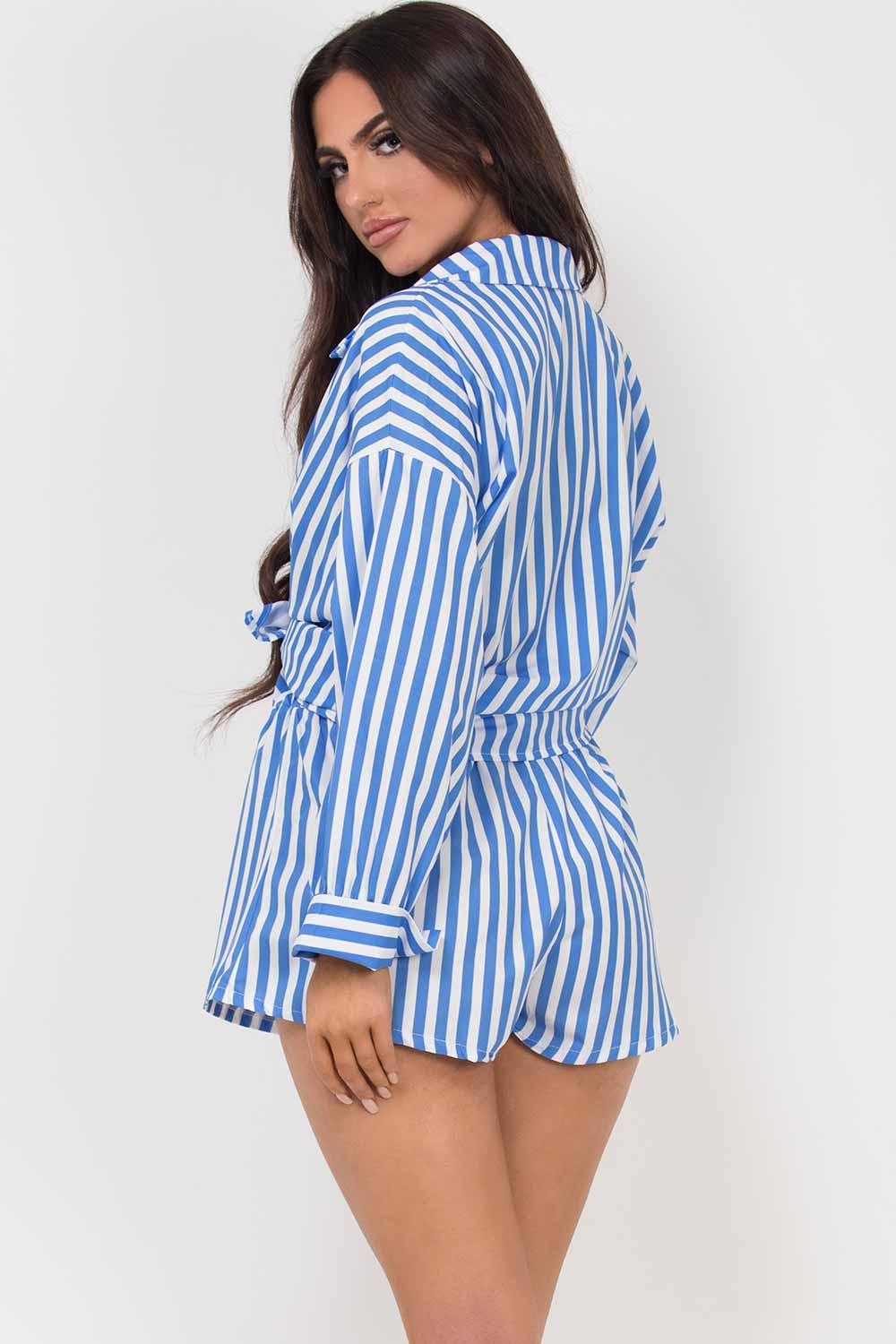 womens blue stripe shirt shorts set uk