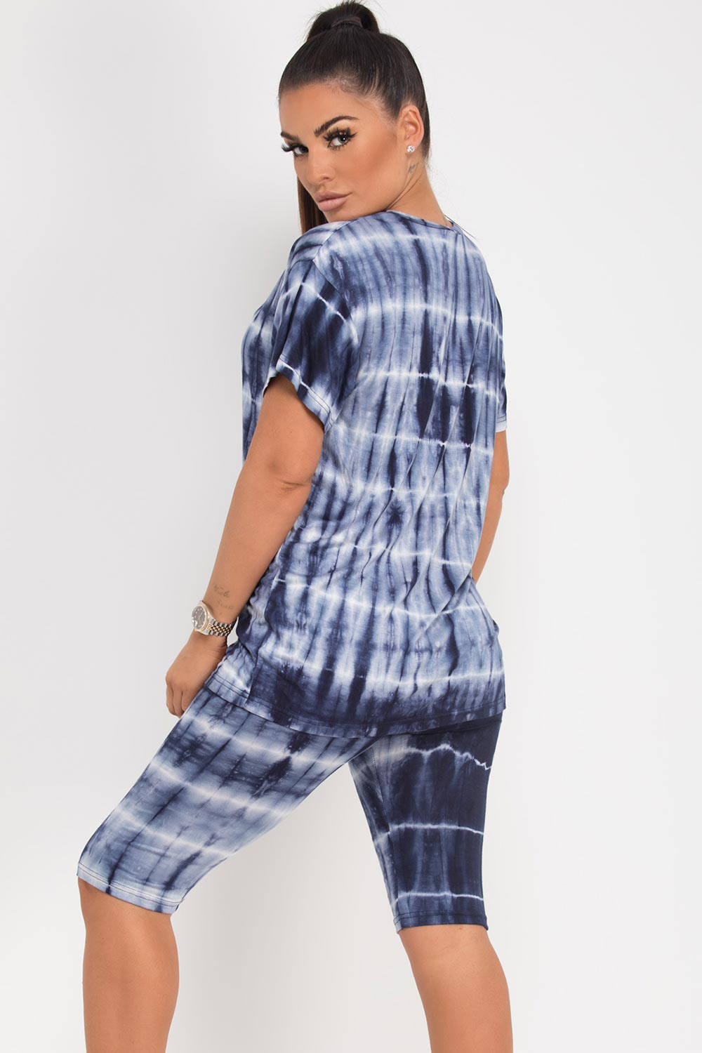 t shirt cycling shorts set tie dye print blue