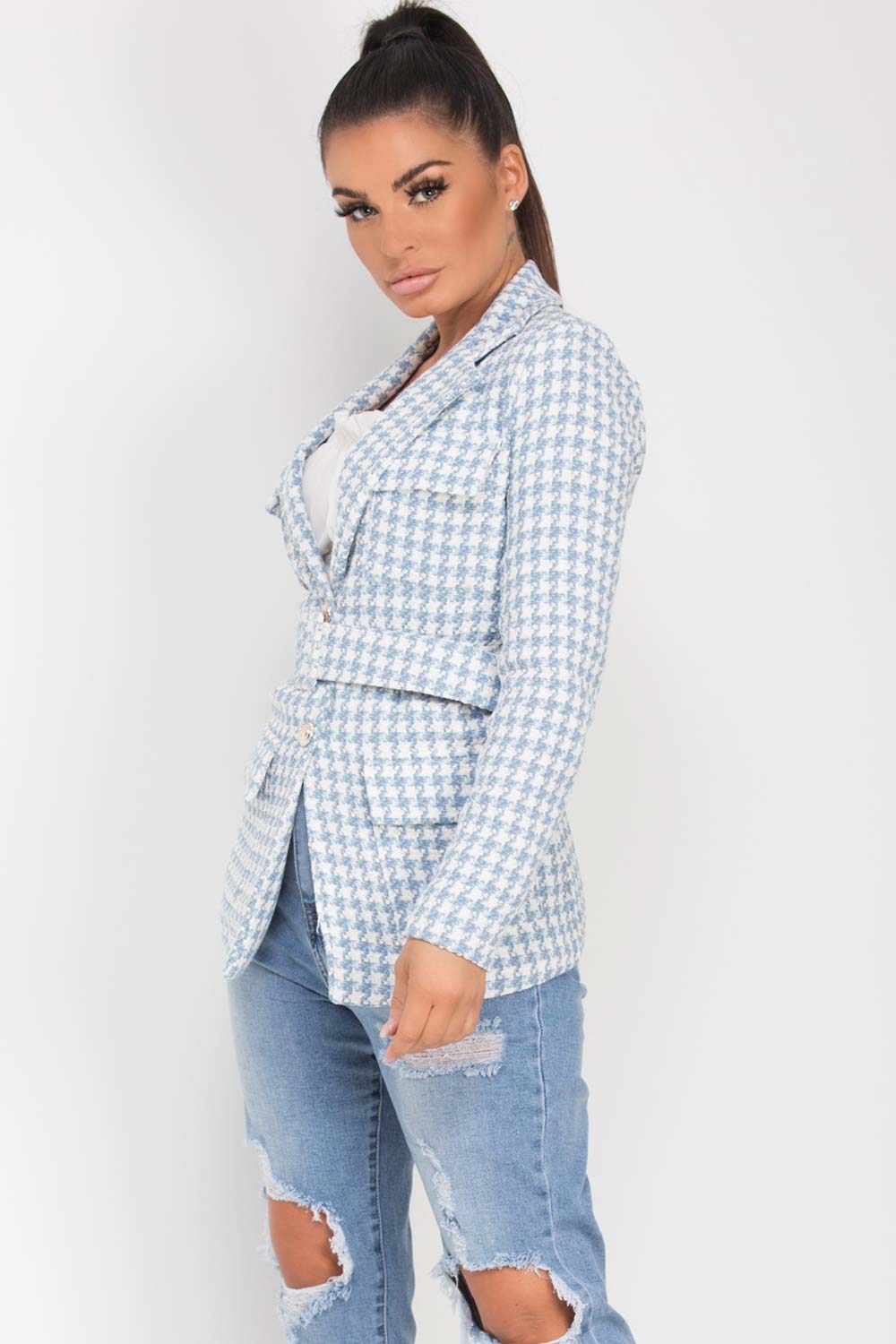 sky blue tweed blazer with belt