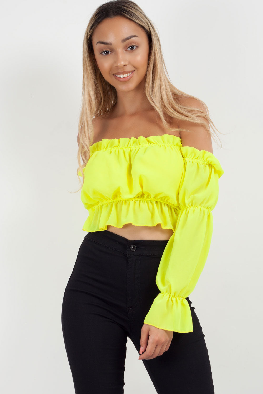 neon yellow bardot frill crop top
