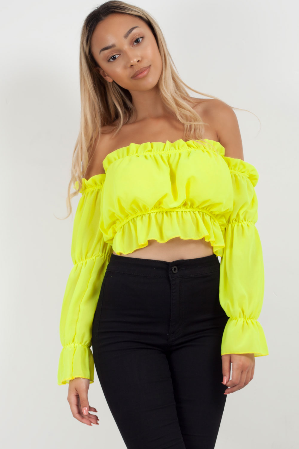 neon yellow frill off shoulder crop top