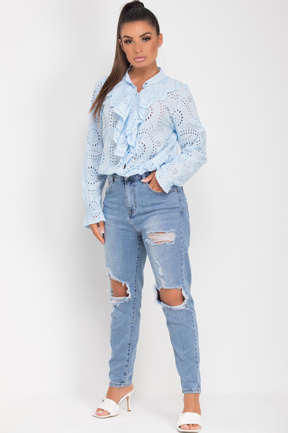 broderie anglaise ruffle blouse sky blue