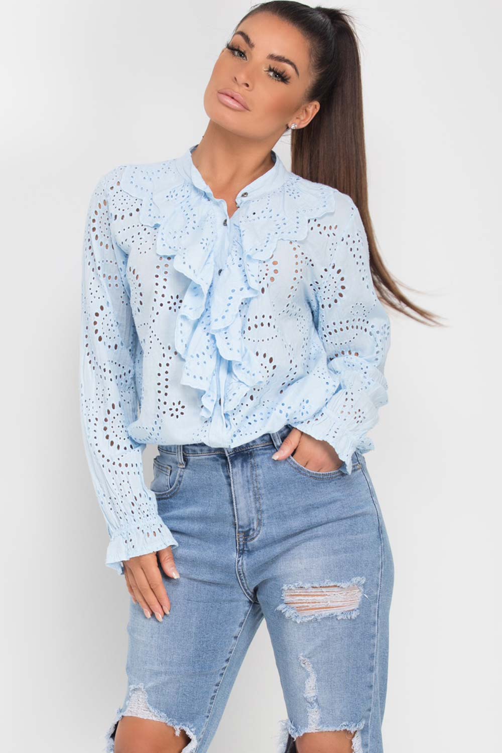 broderie anglaise long sleeve top sky blue