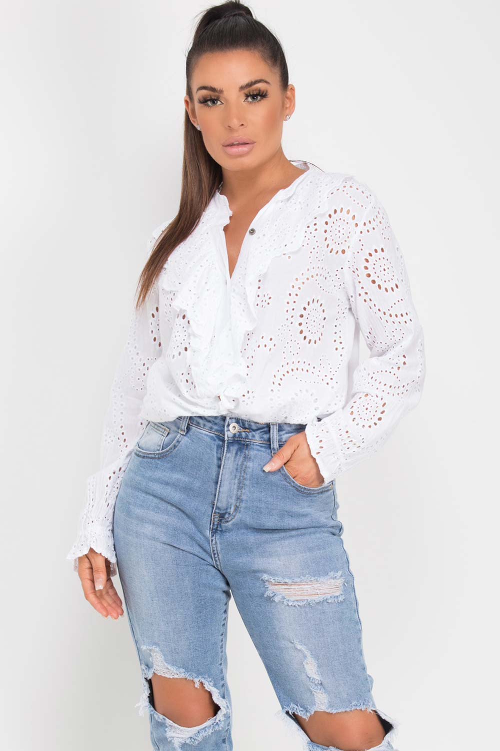 white broderie anglaise ruffle top uk